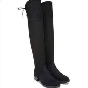 Black suede over the knee flat boots. Have a zipper and tie at the top.